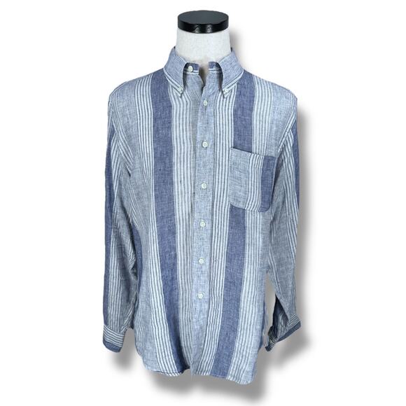 Brooks Brothers Linen Shirt Mens Large Blue Colorblock Stripe Long Sleeve Button - Picture 1 of 9